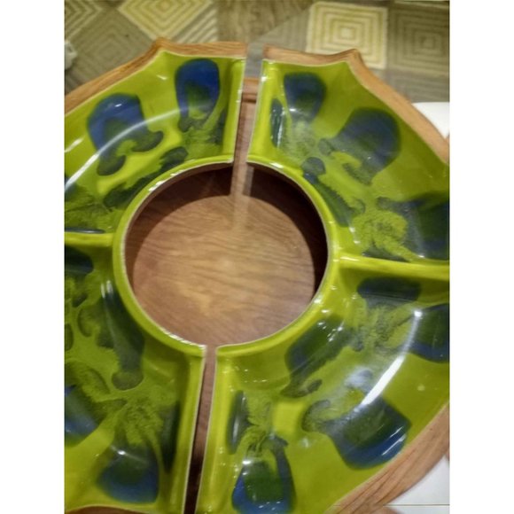 Vintage mid century California pottery lazy susan with wooden turntable chip dip - Picture 2 of 3